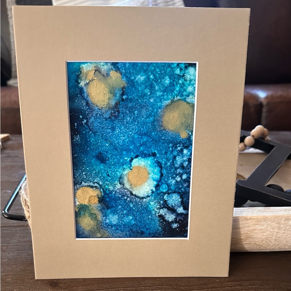 Hand crafted original Blue and Gold Abstract Painting with Fluid Art Elements